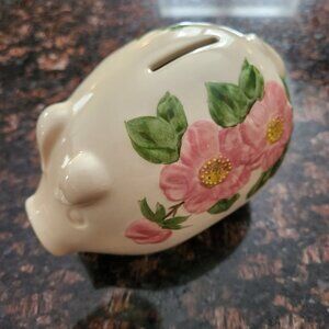 Franciscan Desert Pink Rose Piggy Bank Vintage Floral Metal Stopper Discontinued